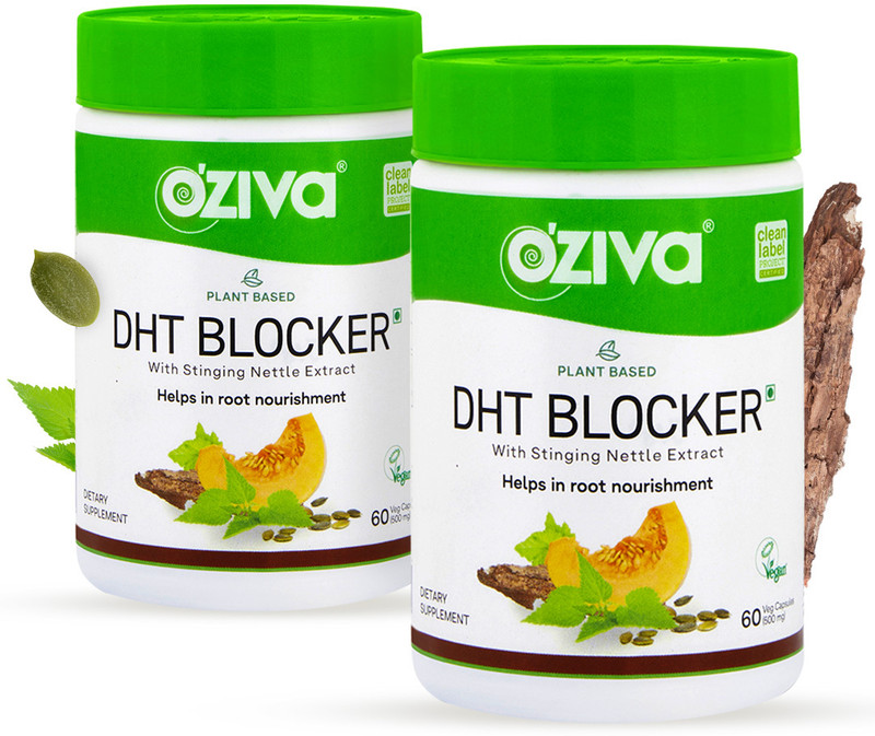 OZiva Plant Based DHT Blocker with Pine Bark for Hairfall Control Follicle Stimulation(2 x 60 Capsules)