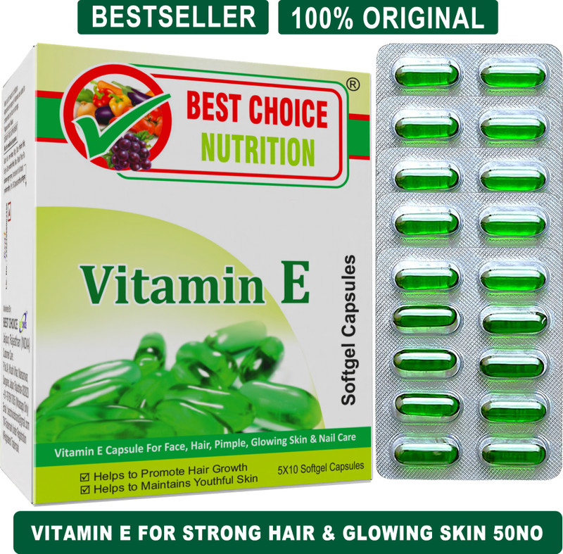 BEST CHOICE NUTRITION Vitamin E Capsules for Glowing Skin & Strong Hair | Antioxidant for Men & Women(50 Capsules)