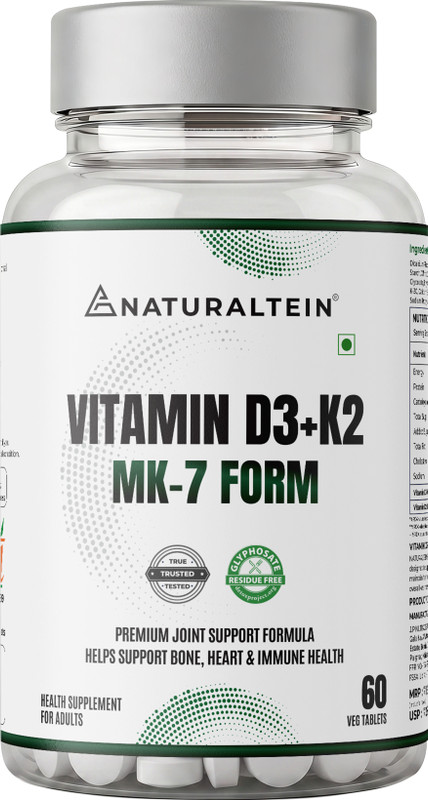 NATURALTEIN Vitamin D3 + K2 Support |600 IU Plant D3 & 55 mcg K2 for Bone & Heart|(60 Capsules)