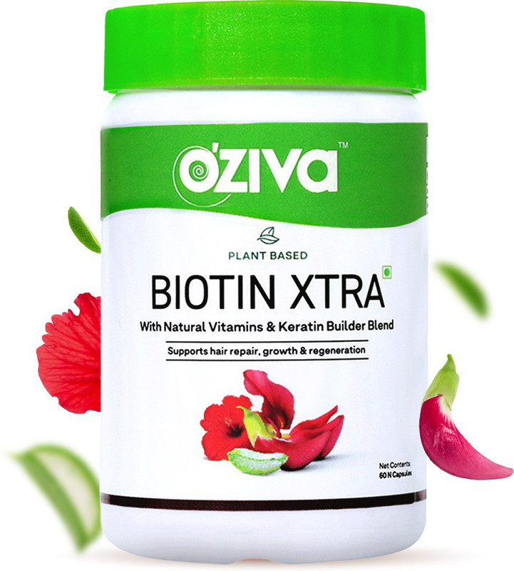 OZiva Plant Based Biotin Xtra with Keratin Builder for Hair Repair & Regeneration(60 Capsules)