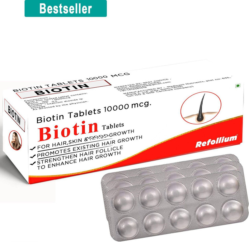 Refollium Biotin 10000 mcg Maximum Strength For Hair Growth ,Skin and Nails for Men & Women(30 No)