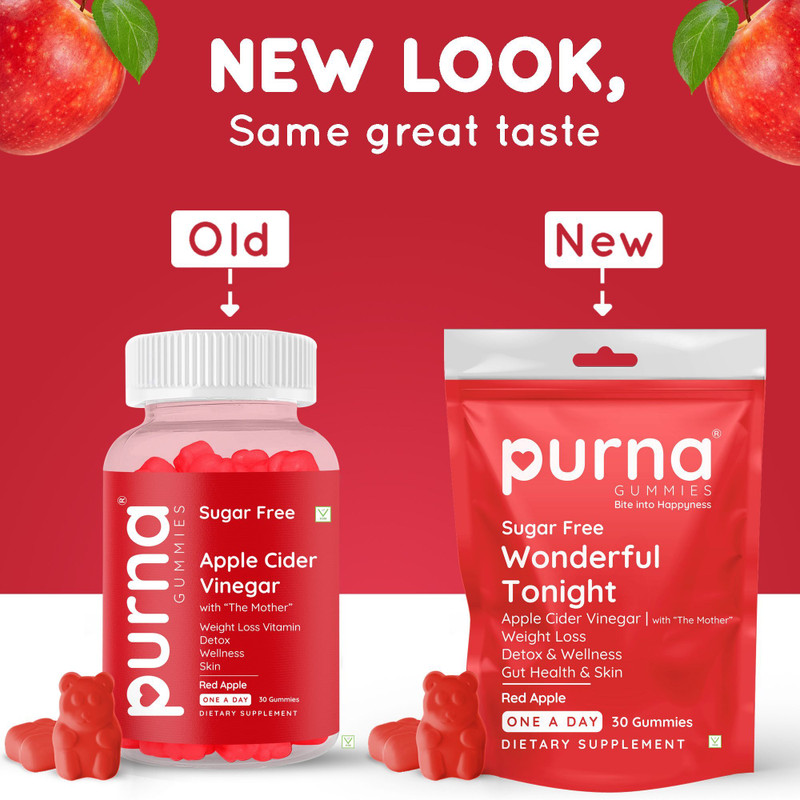 Purna Gummies Sugar Free Apple Cider Vinegar for Adults & Kids - Better Digestion & Clear Skin(30 No)