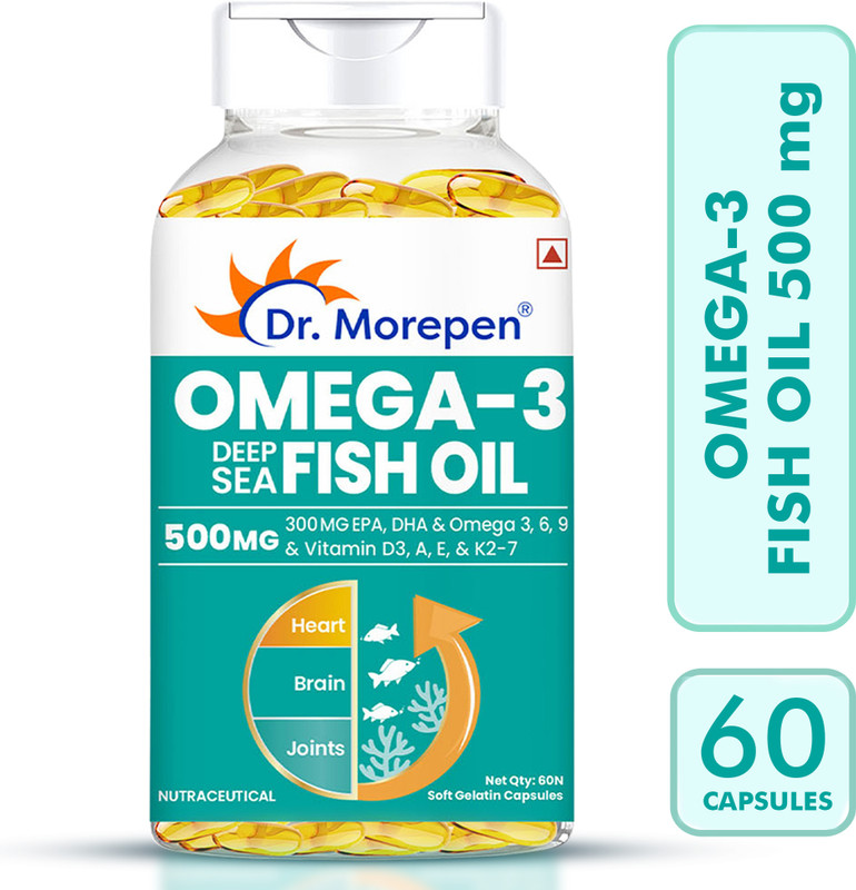 Dr. Morepen Omega-3 Deep Sea Fish Oil | 500mg Capsules with Vitamin A & E| No Fishy Burps(60 Capsules)