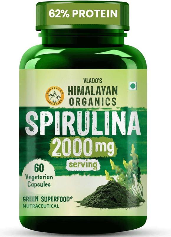 Vlado's Himalayan Organics Spirulina 2000mg Supplement | Green Food | Weight Management & Immunity Booster(60 Capsules)