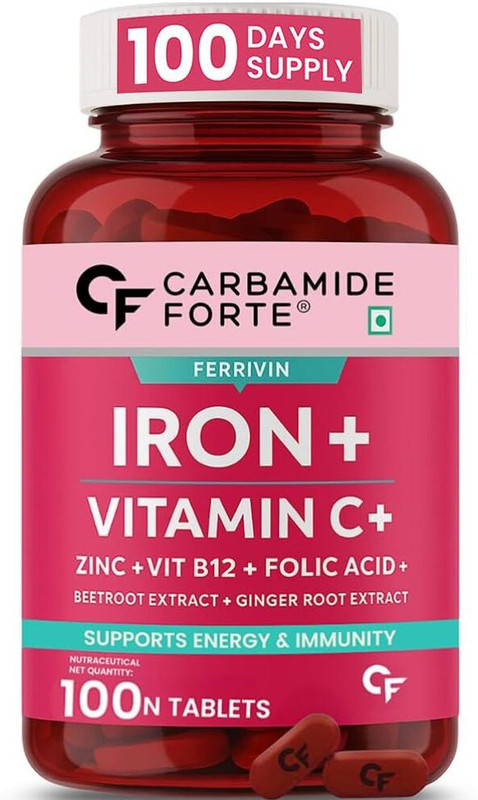 CARBAMIDE FORTE Chelated Iron Supplement with Vitamin C, Folic Acid Iron Tablets for Women & Men(100 Tablets)