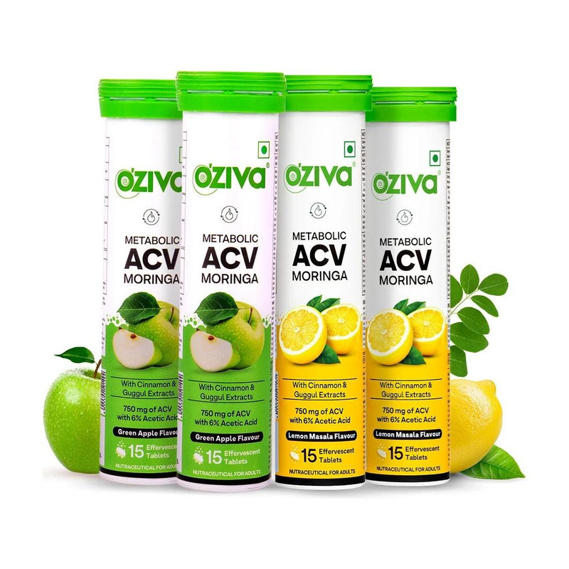 OZiva ACV Moringa (Green Apple - Lemon Masala) To Control Cravings, No Maltodextrin(4 x 15 Tablets)