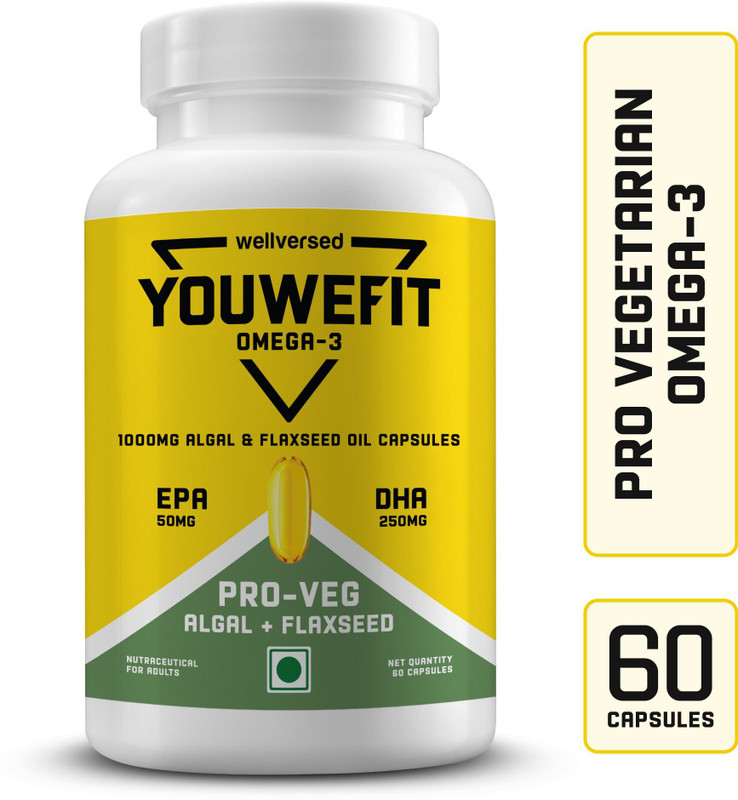 YouWeFit Pro-Vegetarian Omega-3 Capsules | 1000mg Algal Oil + Flaxseed Oil Capsules(60 Capsules)