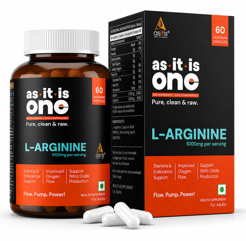 AS-IT-IS Nutrition L-Arginine 1000mg per serving, 30 servings |60 Capsules| Zero Fillers| LabTested(60 No)