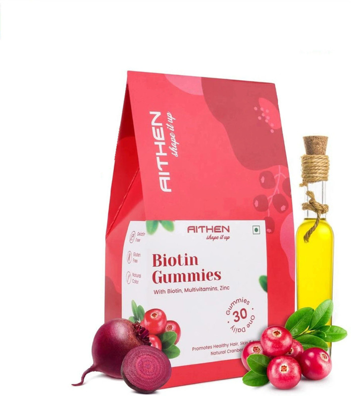 AITHEN Biotin Gummies Hair, Skin & Nail Vit A To E Zinc & FibreVegan & Gut Friendly(30 No)
