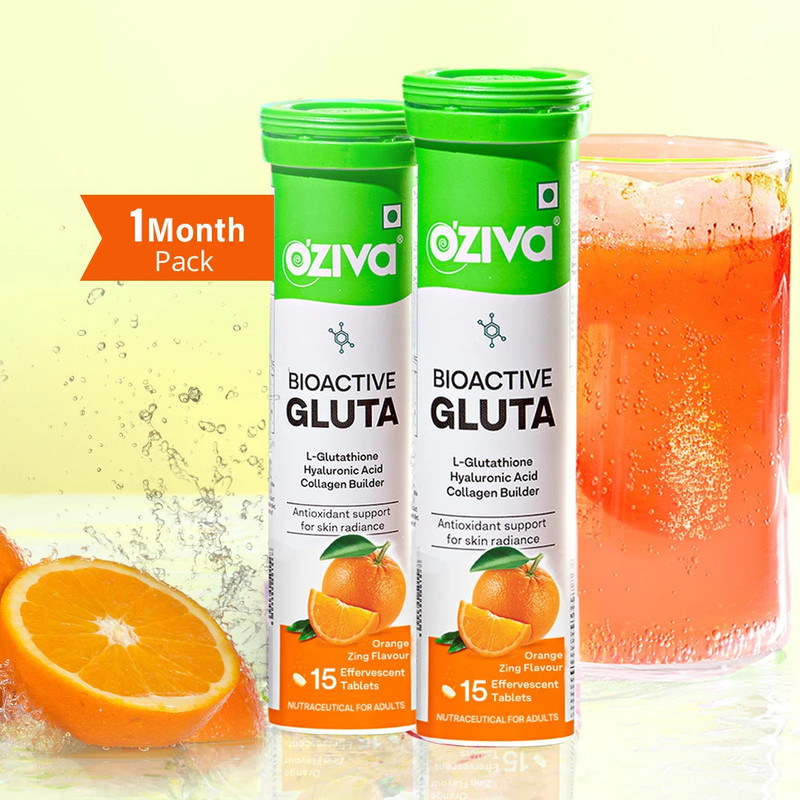 OZiva Bioactive Gluta Fizzy (Orange Zing) To Reduce Pigmentation, 5 Antioxidants(2 x 15 Tablets)