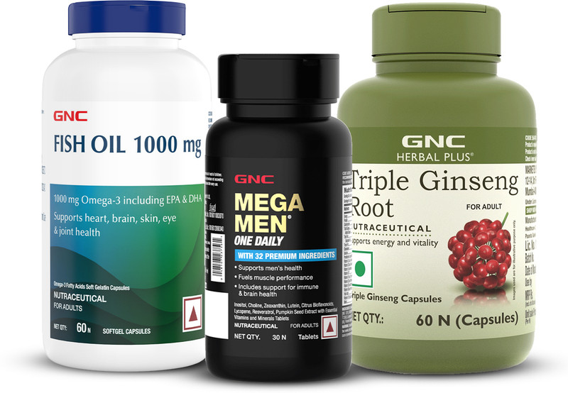 GNC Mega Men Multivitamin (30), Fish Oil (60 Softgels) & Triple Ginseng Root (60)(3 x 1 No)