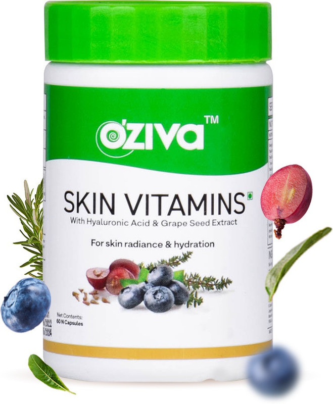 OZiva Skin Vitamins With Hyaluronic Acid & Grape Seed for Skin Radiance & Hydration(60 Capsules)