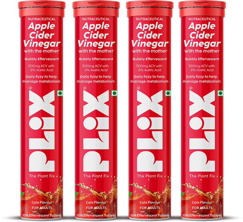 The Plant Fix Plix Apple Cider Vinegar Effervescent | With Mother ACV | Vitamin B6 & B12 | (Cola)(4 x 15 Tablets)