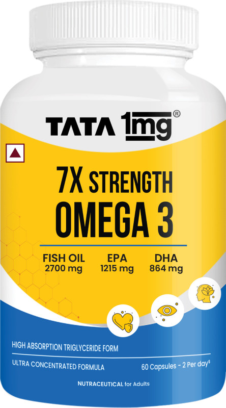 TATA 1mg 7X Strength Omega 3 Fish Oil – 2700 mg with Vitamin E | Heart & Brain Support(60 Tablets)