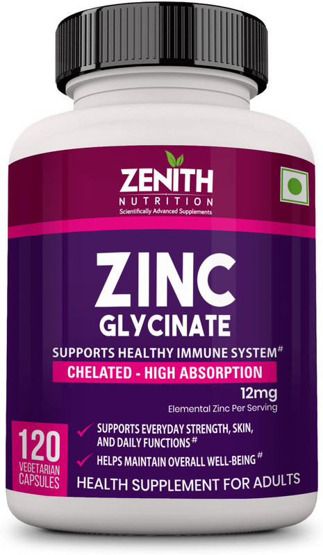 Zenith Nutrition High Absorption Chelated Zinc Glycinate 12mg Veg capsules Boosts Immunity(120 No)