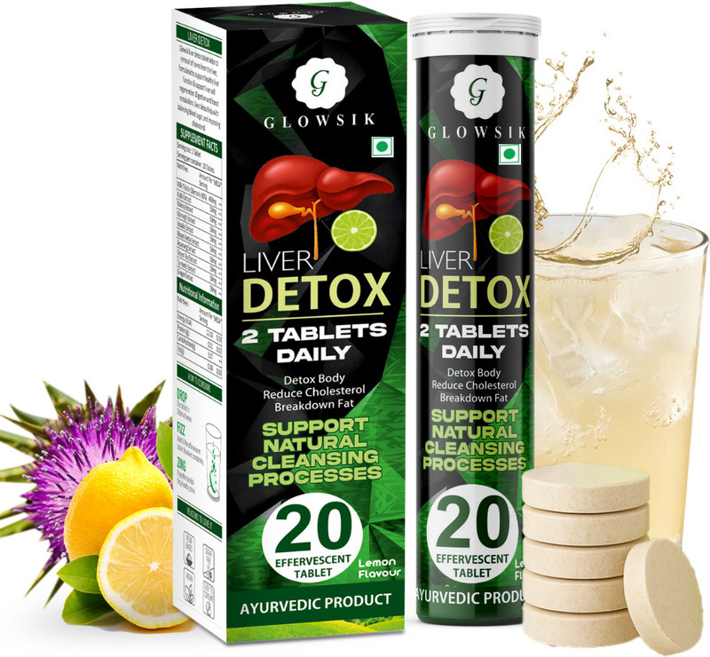GLOWSIK Liver Detox Effervescent with 400mg Milk Thistle | 10 Super Ayurvedic Herbs(20 Tablets)