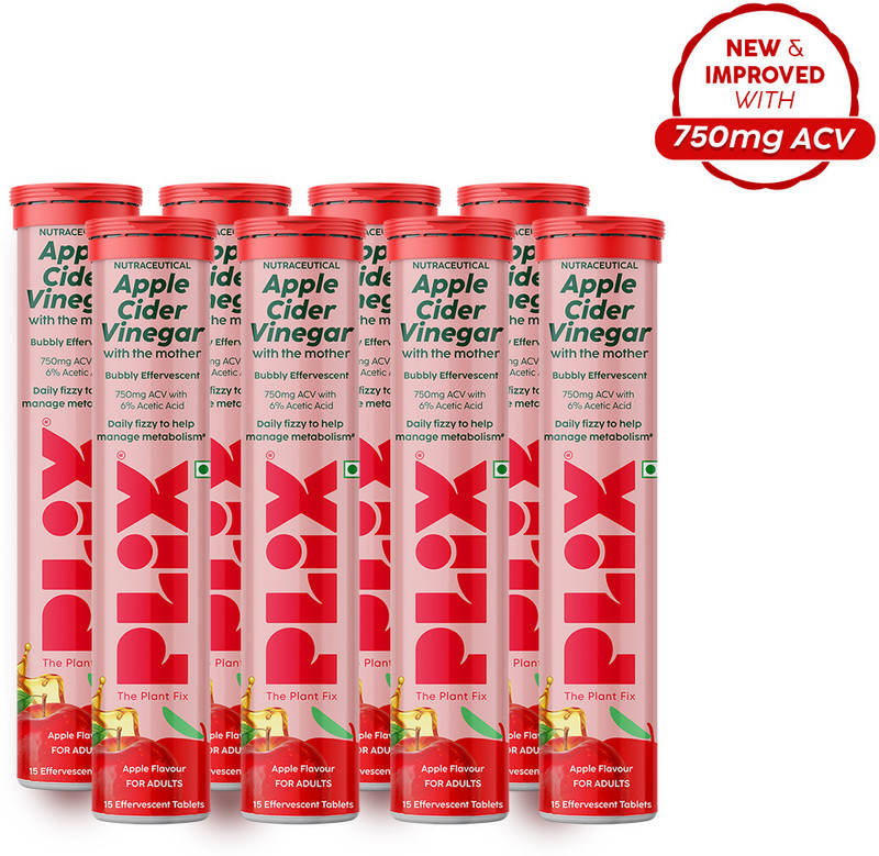 The Plant Fix Plix Apple Cider Vinegar Effervescent Tablet | With Mother | 750mg ACV(8 x 15 Tablets)