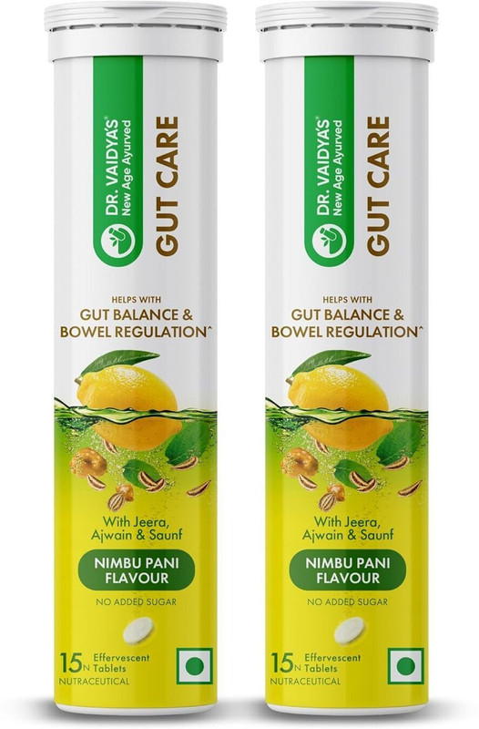 DR. VAIDYA'S Gut Care Effervescent Tablets for Digestion & Probiotics(2 x 63 g)