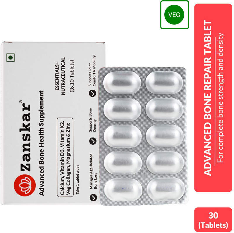 Zanskar Advanced Bone Repair Tablet (1200mg) with Calcium, Vitamin D3 & K2 | 100% Veg(30 Tablets)