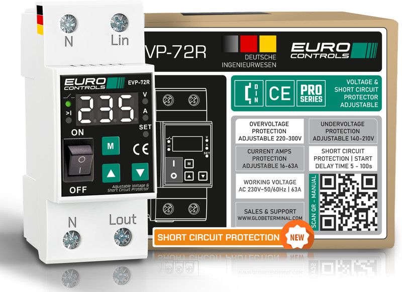 EURO EVP72R 63 Amps Adjustable Over/Under Voltage - Current - Short Circuit Protector Voltage Guard(White)