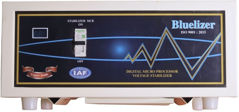 BLUELIZER 5 KVA MAINLINE STABILIZER WORKING RANGE (80 - 300 v) loading capacity 20 Ampere (IN DISPLAY AMPERE METER )(White & Blue)