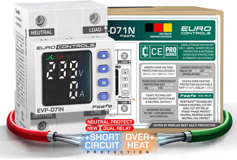 Euro Controls EVPD71N 63A 2P Over ,Under Voltage , Current , ShortCircuit , OverHeat , Neutral Reversal & Failure - German Protector Automatic trip & Recovery - Adjustable(White)