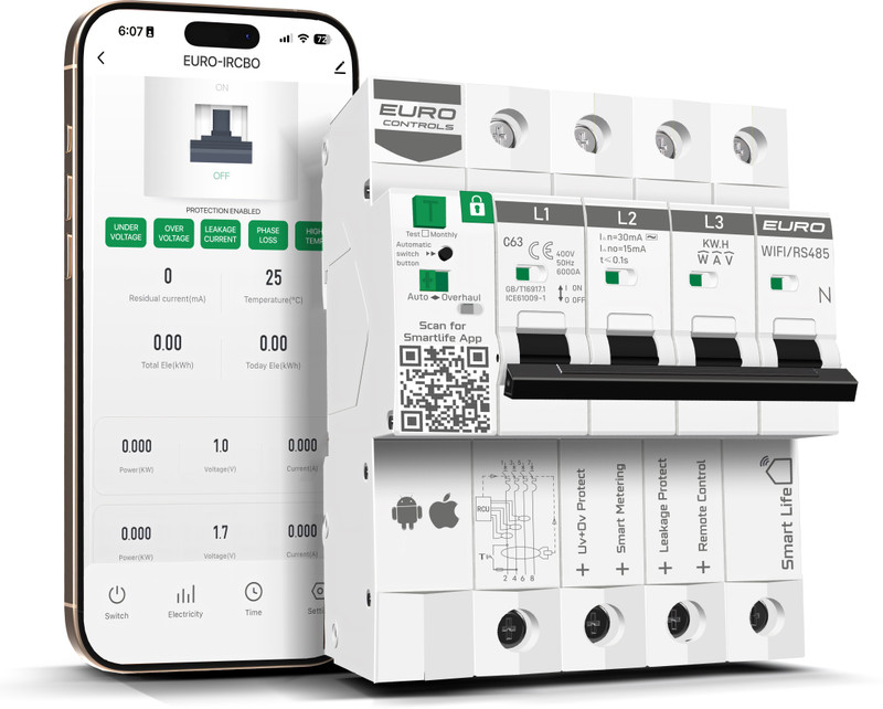 Euro Controls EVP-IRCBO 80A 4P WiFi-Voltage,Leakage,Phase & Overload Protect & Energy Monitor Smart Switch(White)