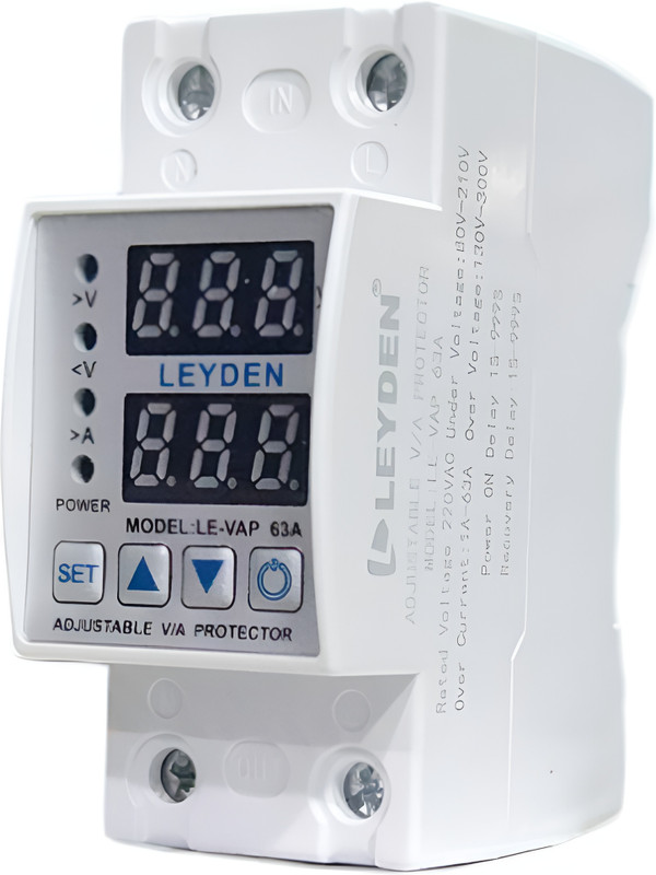 Leyden LE-VAP 63A, 220VAC, Adjustable Over/Under Voltage and Over Current Protector Auto Re-Connect 1-999 Seconds Delay, 18 Different Function, LED Display(White)