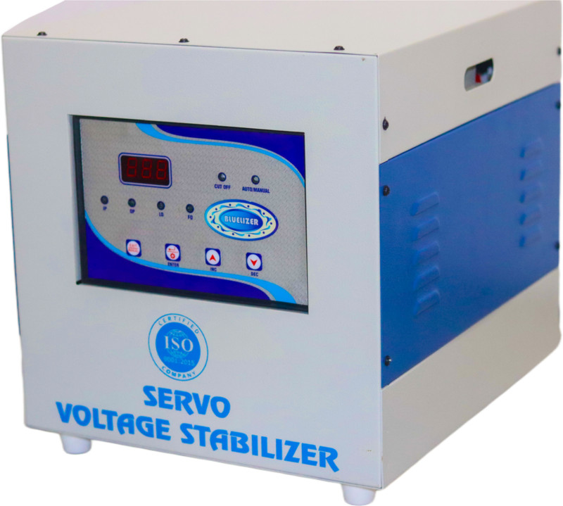 BLUELIZER 5 KVA SERVO WORKING RANGE (100 - 285 V) (INDIA'S FIRST SERVO WITH IN DISPLAY AMPERE METER)((HIGH / LOW Cut Off Output Voltage 230 Copper Coil 1 Year WARRANTY)