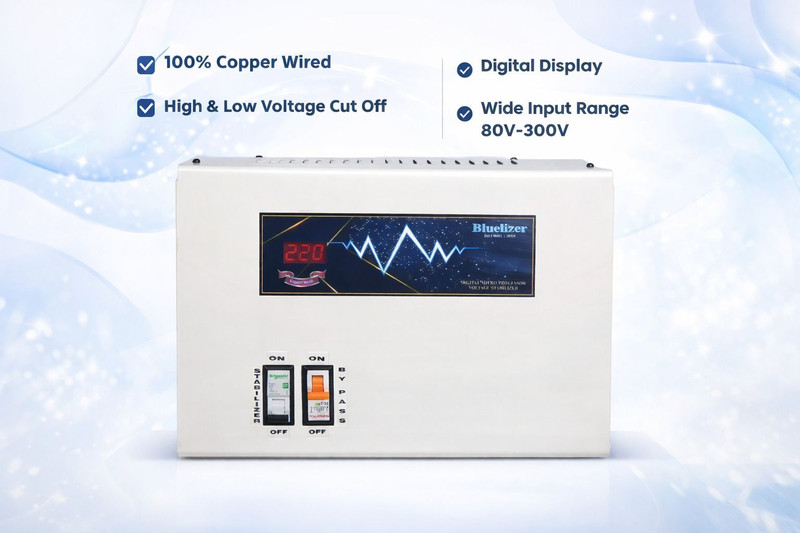 BLUELIZER 5KVA (80- 300) V MAINLINE STABILIZER FOR HOME COPPER WIRED COPPER WIRED|HIGH/LOW CUT OFF|AMPERE METRE|LEGENDARY SERIES|(White & Blue)