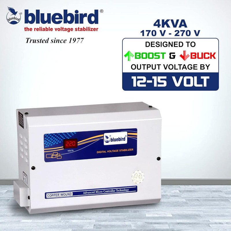 Bluebird BA417C 4KVA 170V-280V COPPER WOUNDED TWO STEP VOLTAGE STABILIZER FOR 1 AC UPTO 1.5 TON(Light Grey)