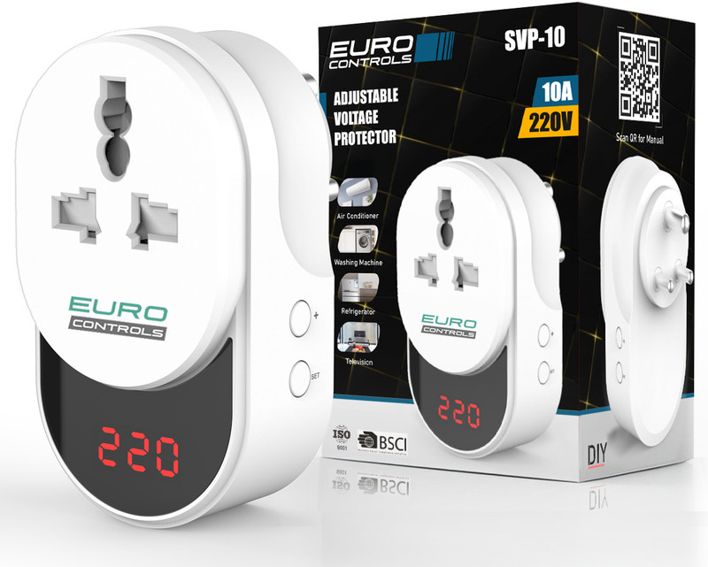 EURO SVP-10 10 Amp Digital Adjustable Under/Over Voltage Protector & Spike Protector Socket Voltage Guard with Display Time Delay & India Compatible socket & Plug(White)
