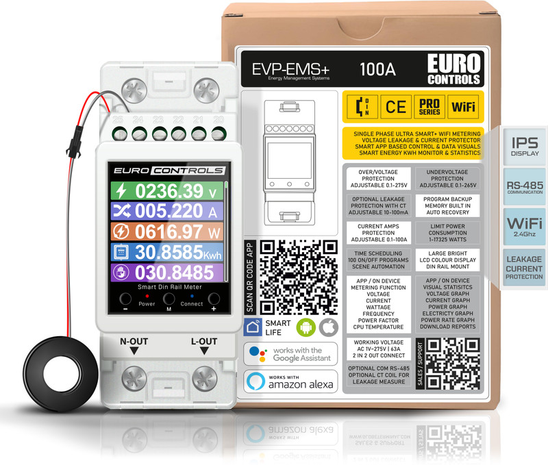 Euro Controls EVP-EMS+ 100A 2p WiFi Voltage / Current / Leakage Protector IOT Energy Management System + Multifunction meter + IPS LCD + RS485 + Din Rail(White)
