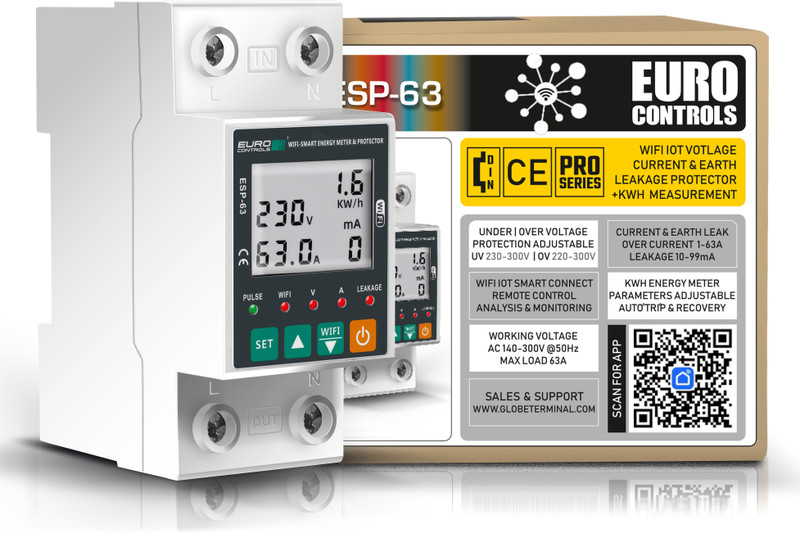 Euro Controls EMVP-63A WiFi IOT 4 in 1 Voltage Current & Earth Leakage Protector with KwH App Based Energy Monitoring - Time Scheduling & Remote Control(White)