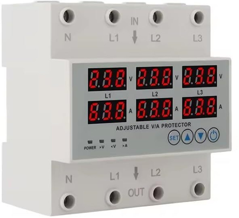 Real Instruments 3-Phase Automatic Over/Under Voltage Protector with Auto-Reconnect Din-Rail Voltage Guard(White)