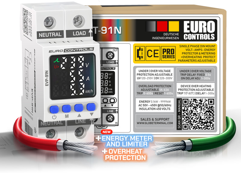 Euro Controls EVP91N 63A Voltage,Current,Overheating Protector with Energy Metering-Limiting- German Excellence Automatic trip & Recovery - On delay - Parameters Adjustable(White)