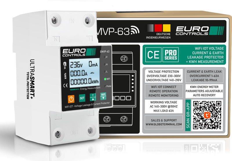 Euro Controls EMVP-63A WiFi IOT 4 in 1 Voltage Current & Earth Leakage Protector with KwH App Based Energy Monitoring - Time Scheduling & Remote Control(White)