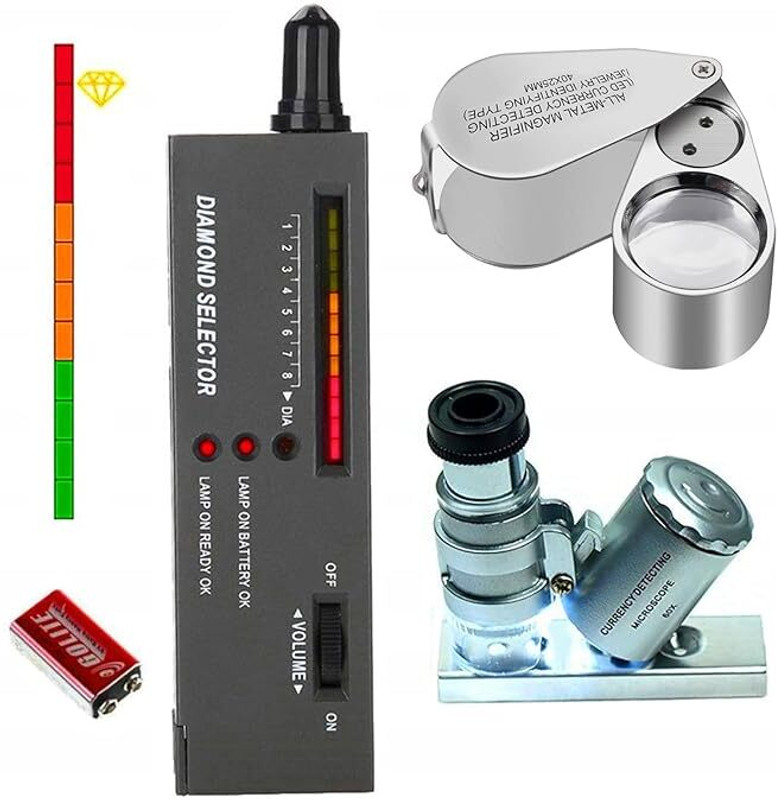 Tool bux Diamond Tester Pen | 60X LED Mini Magnifying Glass + 40X Metal Illuminated Loupe Digital Voltage Tester
