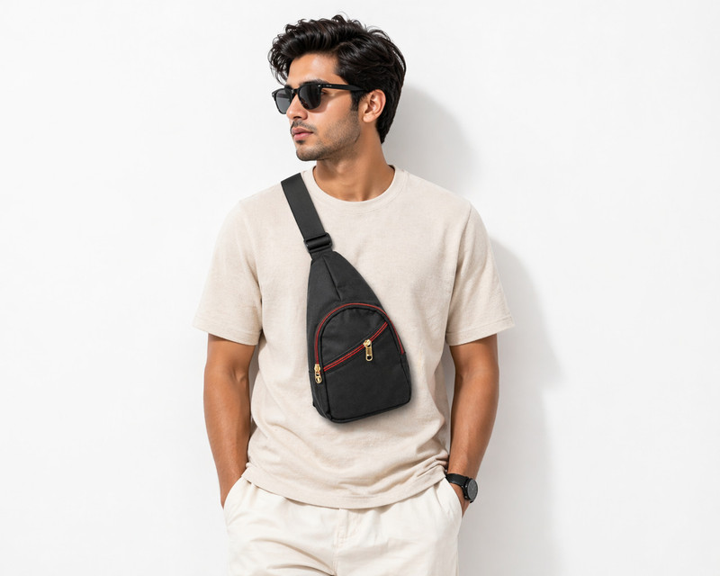 CRAR ENTERPRISES Compact Black Sling Bag for Men & Boys | Durable Polyester Casual Chest Bag Black Polyester Crossbody Sling Bag for Men | Lightweight Travel Shoulder Pack(Black, Red)