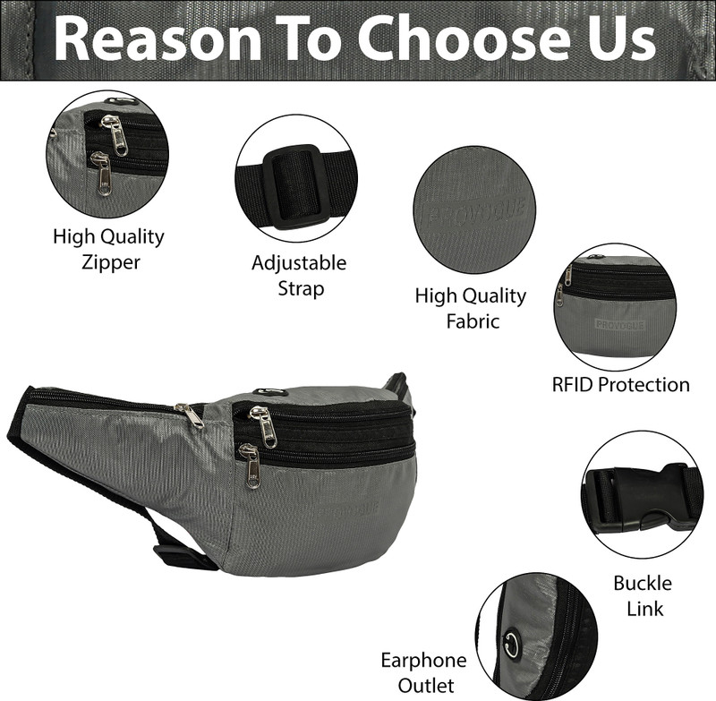 PROVOGUE Stylish polyester Grey Waist Bag Waist Bag/Fanny Bag/Fanny Pack/Chest Bag(Grey)