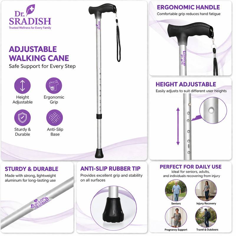 DR. SRADISH Adjustable Walking Cane | Anti-Slip Base | Comfortable Grip Handle Walking Stick