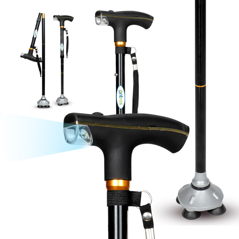 Entros KL931L Portable Height Adjustable 4 Leg Aluminium Folding Walking Sticks with Built-in LED Light torch For Old People with Light Weight & Strong Handle Walking Stick For Old Gentleman, walking sticks for old people, walking stick for old women, stick for old man walking Walking Stick