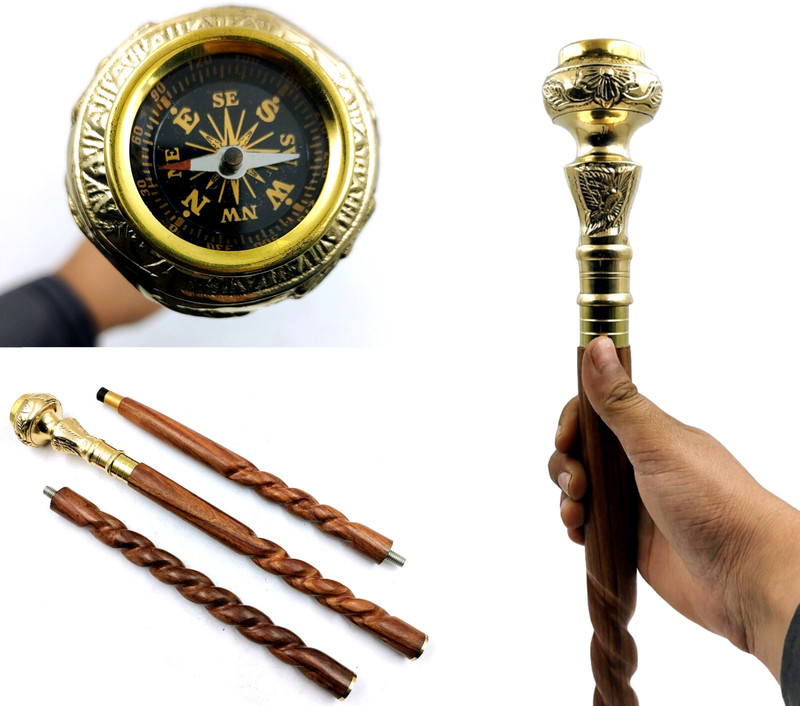 Ascent India Brass compass Compass Handle wood walking stick cane 36 inch Walking Stick