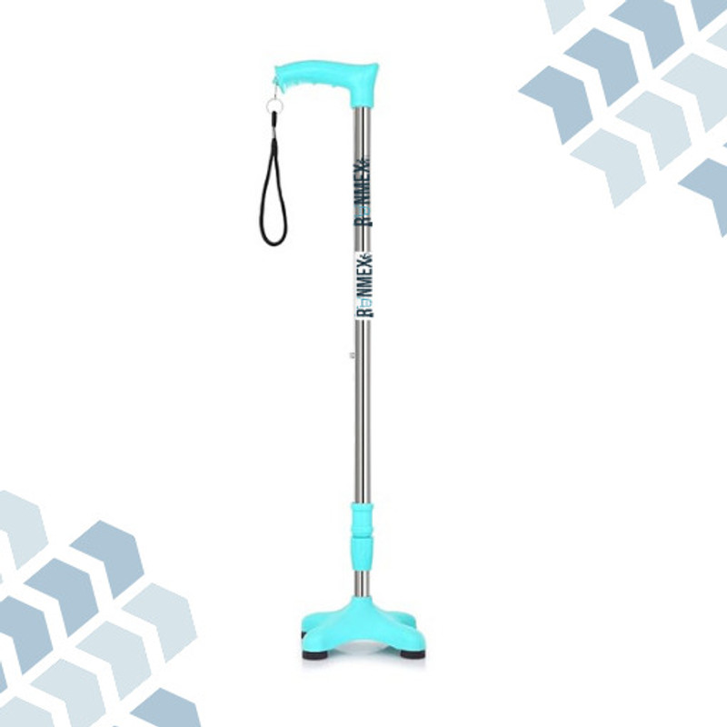RUNMEX C-Green Adjustable Height Quad Cane with Broad PVC Base for Safety Walking Stick