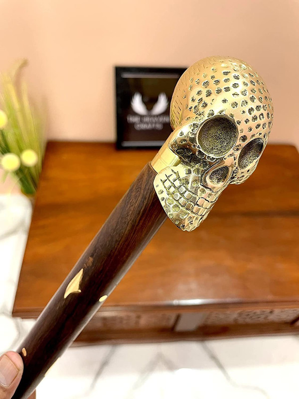 Ascent India Solid Brass Damage Skull Handle Wooden Walking Stick Cane 3 Fold Walking Stick Walking Stick