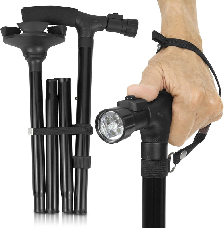 pranzo Portable Foldable Walking Stick with Torch Light Black Walking Stick