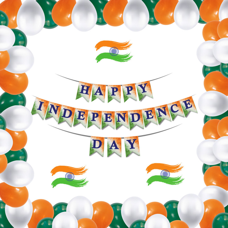 1iAM Independence Day Decoration Items - Orange, White, Green Balloons, Banner Pack of 92(12 inch X 10 inch, Orange, White, Green)