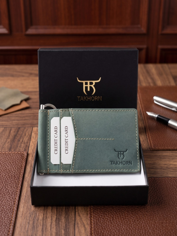 takhorn Men Casual, Formal, Travel Blue Genuine Leather Money Clip(6 Card Slots)