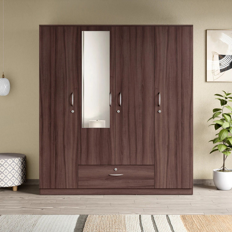 Interio by Godrej Ewa with Mirror Engineered Wood 4 Door Wardrobe(Finish Color - Brown, Mirror Included, Knock Down)