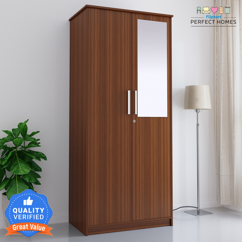 Flipkart Perfect Homes Julian Engineered Wood 2 Door Wardrobe(Finish Color - Melamine Walnut SIB, Mirror Included, Knock Down)